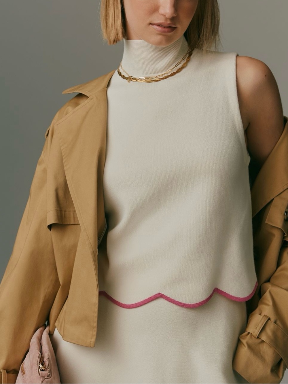 Anthropologie Maeve Cream Scalloped Hem Turtleneck Sweater Tank Top Size XXS NWT
